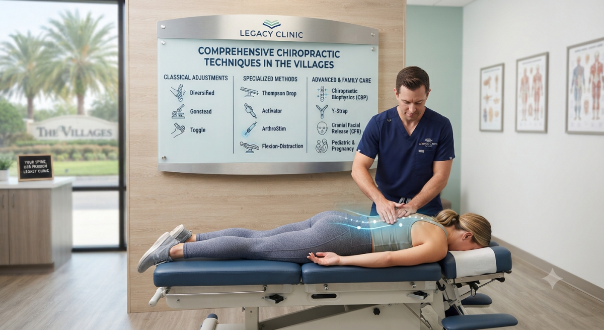 A professional chiropractor performing an adjustment on a patient at Legacy Clinic, a top-rated chiropractor in The Villages offering comprehensive techniques.