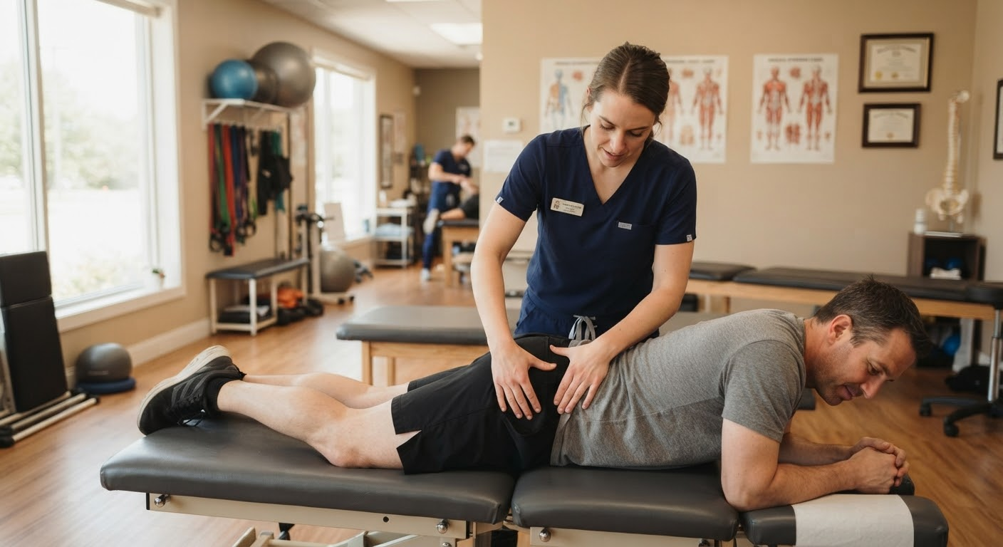 Chiropractor examining a patient's hip and glute area for piriformis syndrome and glute tendon pain at Legacy Clinic in The Villages, FL.